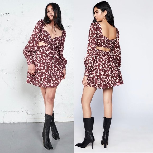 Bardot Dresses & Skirts - Bardot Women's Logan Maroon Floral Mini Dress Size 4 Long Sleeve Cutout Waist
